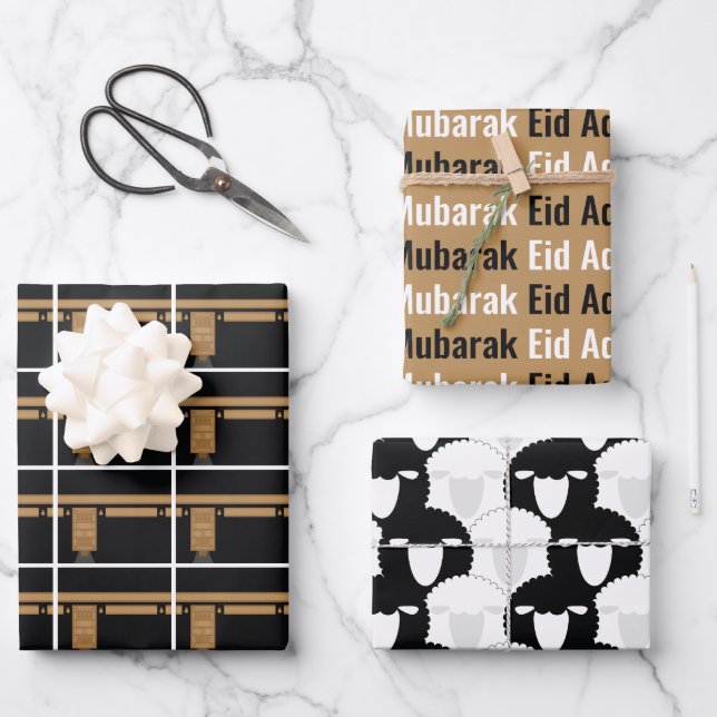Eid Adha Mubarak Kaaba Sheep Pattern Wrapping Paper Sheets (Front)