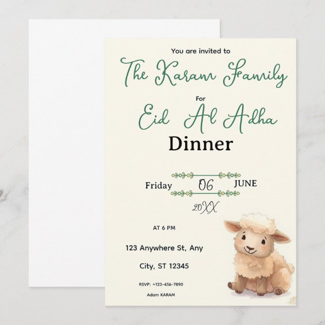 Eid  Al Adha Beige Cute Sheep Dinner  Invitation (Front/Back)