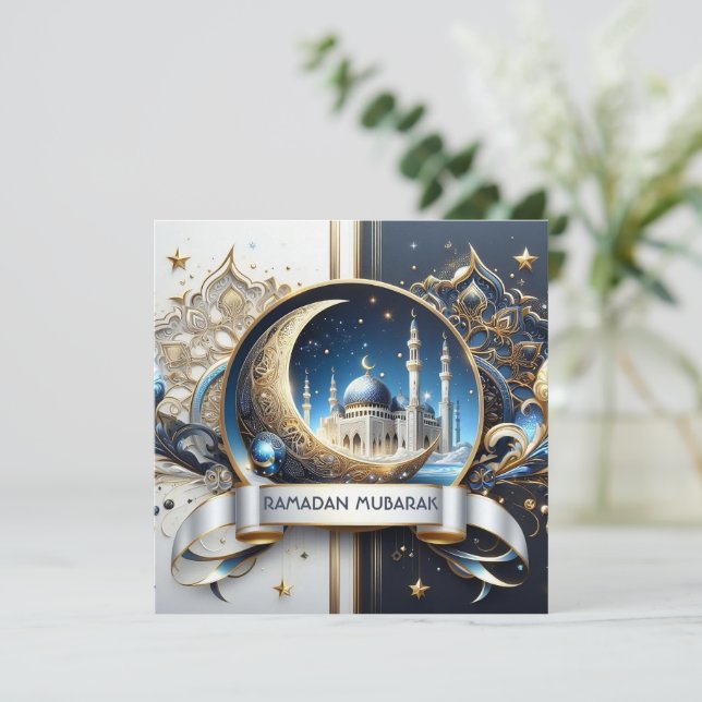 Eid Al Adha Crescent Moon Mosque Golden White Blue Holiday Card (Standing Front)