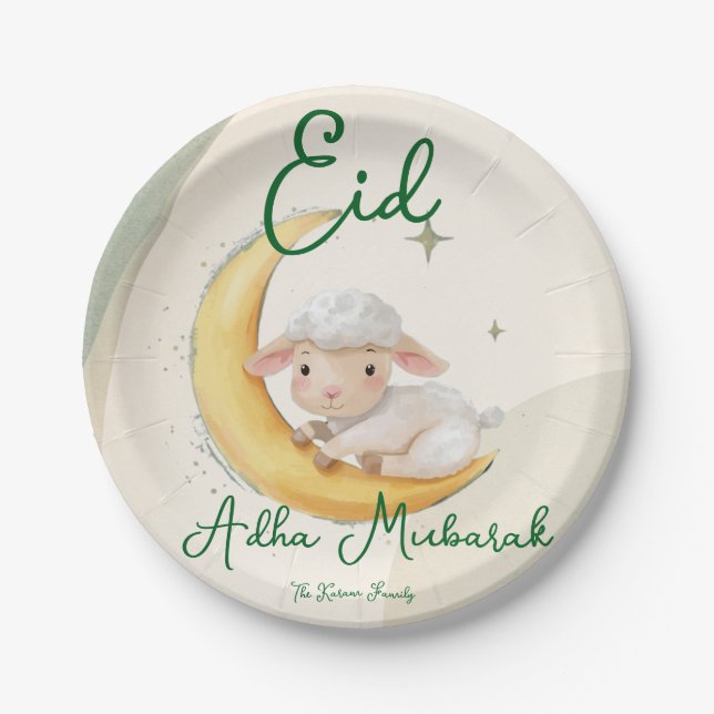 Eid  Al Adha Dusty Green Cute  Sheep Dinner  Paper Plates (Front)