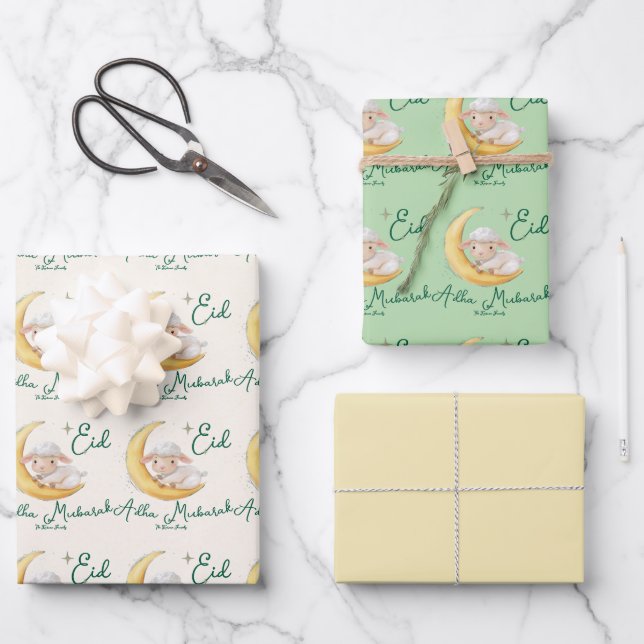 Eid  Al Adha Dusty Green Cute Sheep Wrapping Paper Sheets (Front)