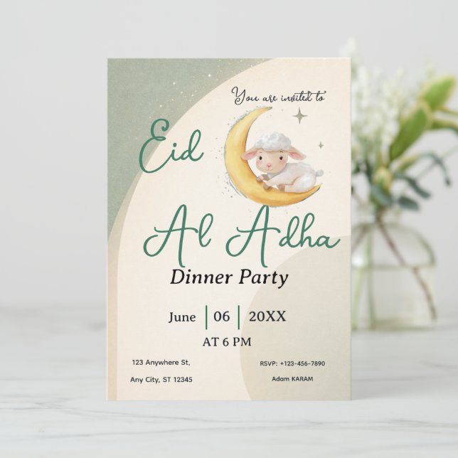Eid  Al Adha Dusty Green Sheep  Card invitation (Standing Front)