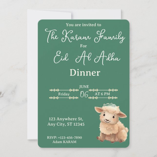Eid  Al Adha Green Cute Sheep Party Invitation (Front)