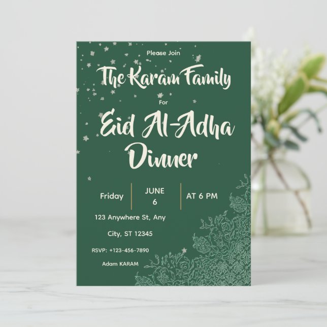 Eid  Al-Adha Green Dinner  Invitation (Standing Front)