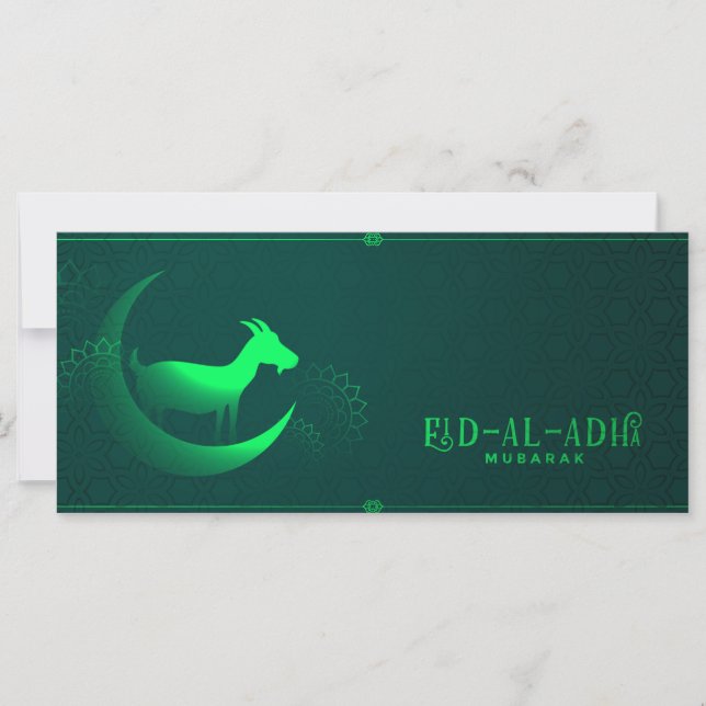 Eid al Adha Mubarak Goat Crescent Green Pattern Card (Front)