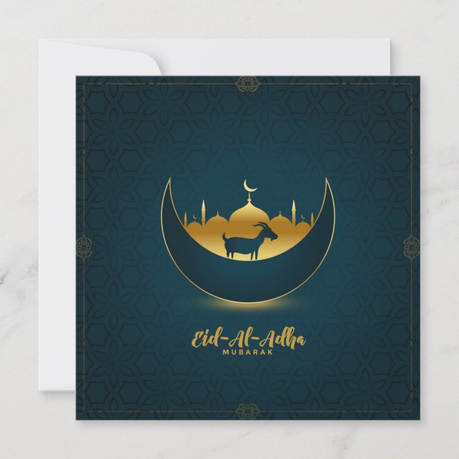 Eid al Adha Mubarak Goat Crescent Mosque Patterned Holiday Card (Front)