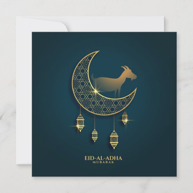 Eid al Adha Mubarak Goat Crescent Traditional Lamp Holiday Card (Front)