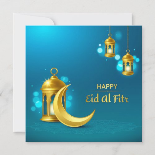 Eid Al_fitr Mubarak Gold crescent and lantern Holiday Card