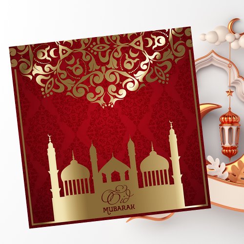 Eid al Fitr Mubarak Mosque Gold Pattern Red Holiday Card