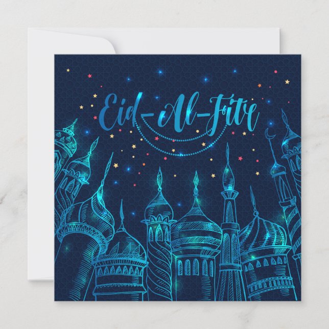 Eid al Fitr Mubarak Mosque Stars Firework Blue Hol Holiday Card (Front)