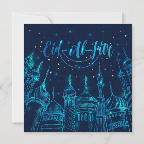 Eid al Fitr Mubarak Mosque Stars Firework Blue Hol Holiday Card