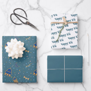 Eid Kids Blue Mosque Lantern Pattern Quote Wrapping Paper Sheets