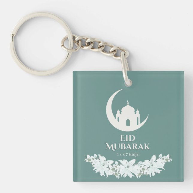 Eid Mubarak 1447 Hijri Crescent & Mosque Design Keychain (Front)