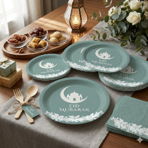 Eid Mubarak 1447 Hijri Crescent Mosque Design Paper Plates