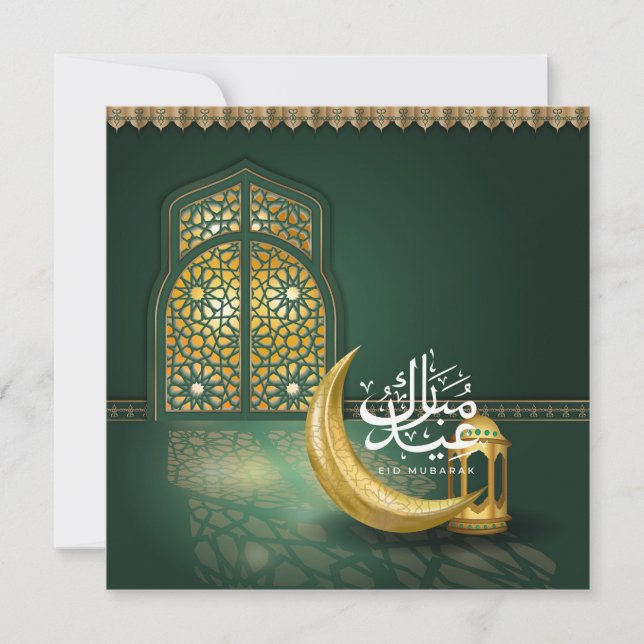 Eid Mubarak Arabic Calligraphy Crescent Green Gold Holiday Card (Front)