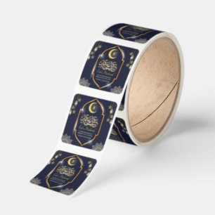 Eid Mubarak Arabic Calligraphy  Gold Crescent Blue Square Sticker