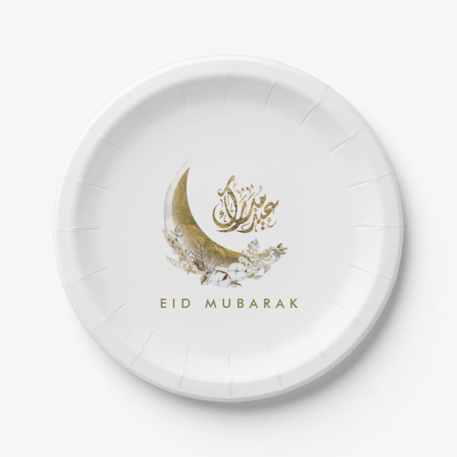 Eid Mubarak | Arabic Calligraphy | Gold Moon Paper Plates (Front)