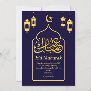 Eid Mubarak Arabic Elegant Modern Blue Gold Holiday Card