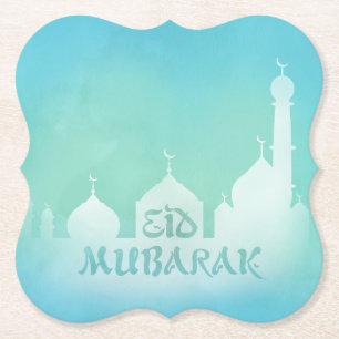 Eid Mubarak Blue Watercolor Mosque - Paper Coaster