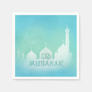 Eid Mubarak Blue Watercolor Mosque - Paper Napkin