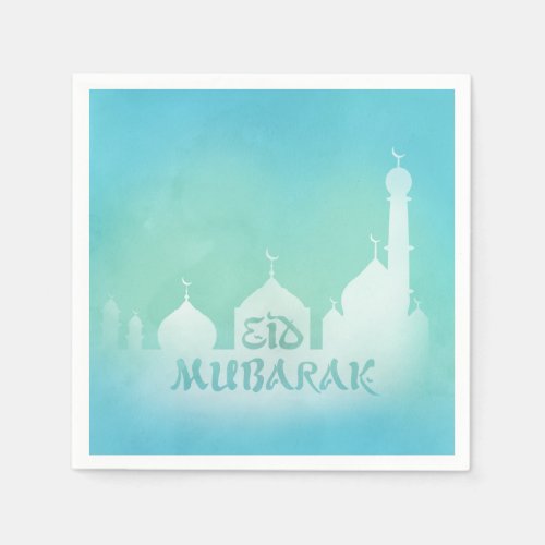 Eid Mubarak Blue Watercolor Mosque _ Paper Napkin