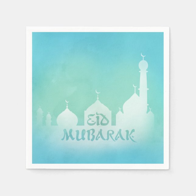 Eid Mubarak Blue Watercolor Mosque - Paper Napkin (Front)
