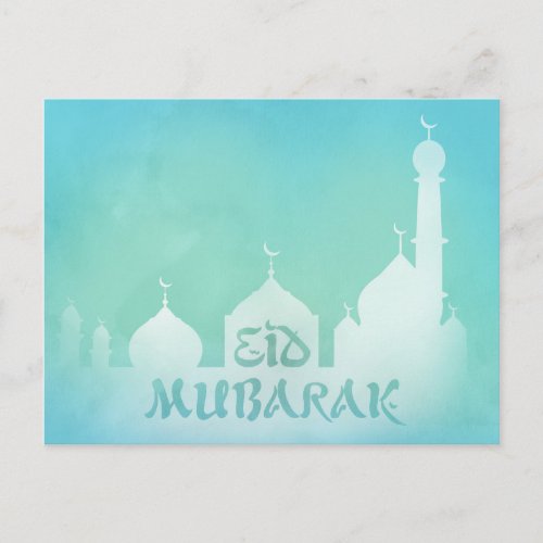 Eid Mubarak Blue Watercolor Mosque _ Postcard