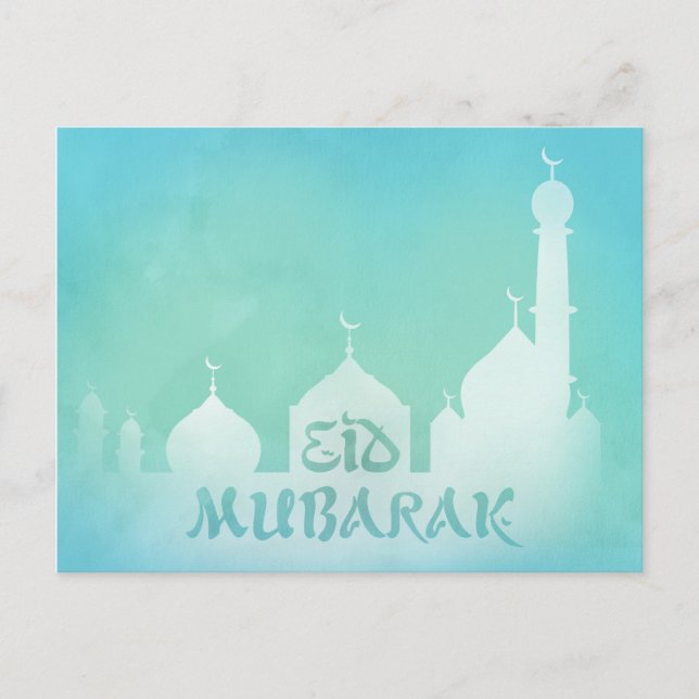 Eid Mubarak Blue Watercolor Mosque - Postcard (Front)