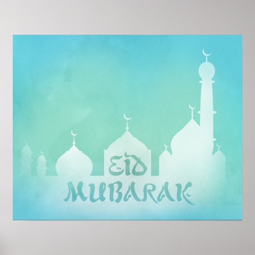 Eid Mubarak Blue Watercolor Mosque _ Poster Print