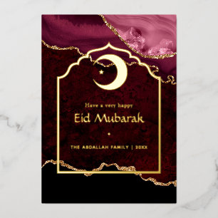 Eid Mubarak Burgundy and Gold Agate Foil Holiday Card