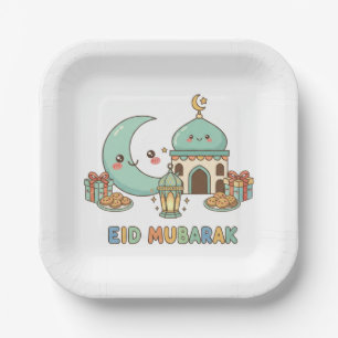 Eid Mubarak Celebration - Kawaii Smiling Moon Paper Plates