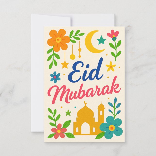 Eid Mubarak - Colorful for Kids Mosque Flowers Invitation (Front)