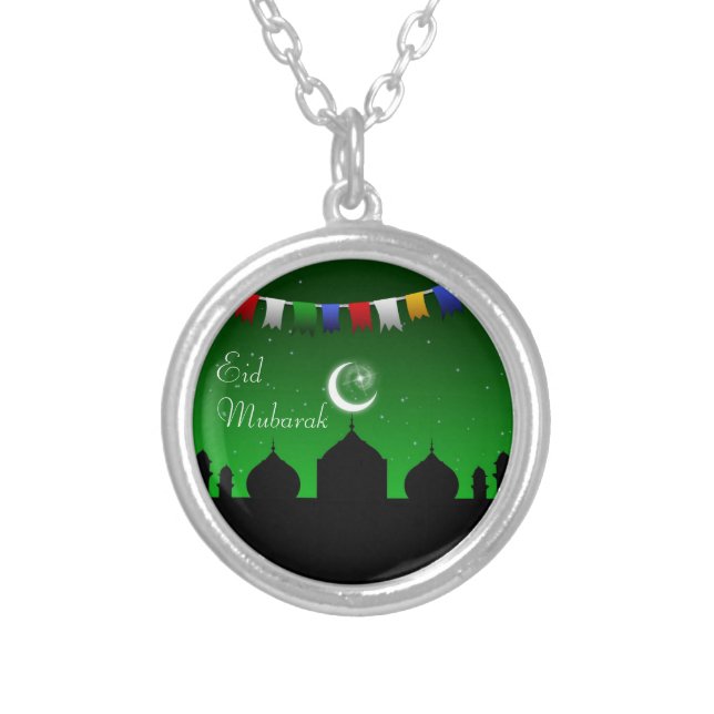 Eid Mubarak Colorful Garland Silver Plated Necklace (Front)