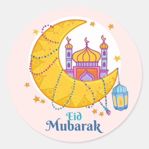 Eid Mubarak Crescent Colorful  Classic Round Sticker