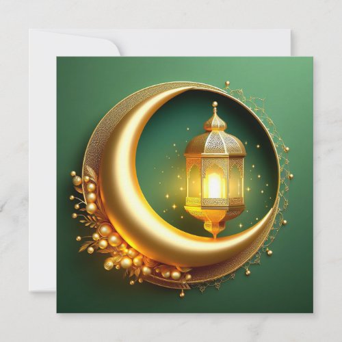 Eid Mubarak Crescent Gold Pearl Green Holiday Card