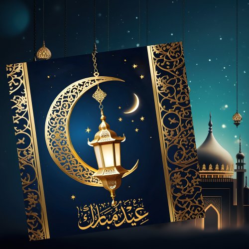 Eid Mubarak Crescent Islamic Lantern Gold Blue Holiday Card