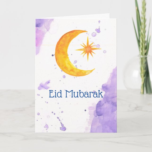 Eid Mubarak Crescent Moon and Star Watercolor Card (Front)