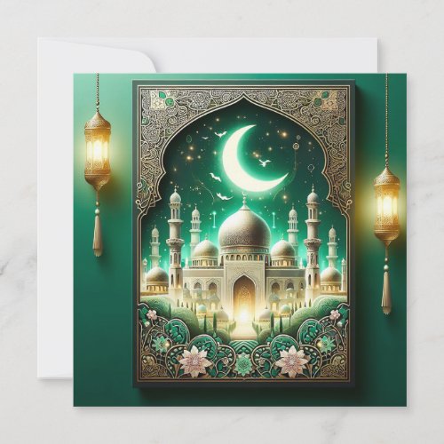 Eid Mubarak Crescent Mosque Floral Frame Green  Holiday Card