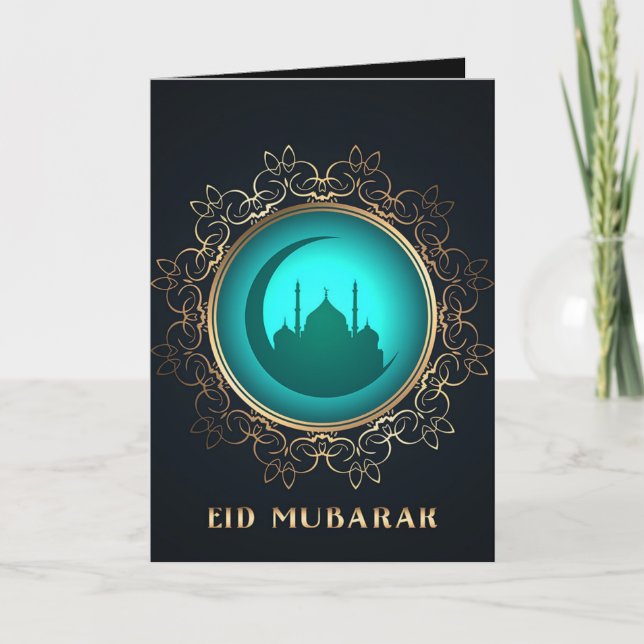 Eid Mubarak Crescent Mosque Golden Blue Black  Card (Front)
