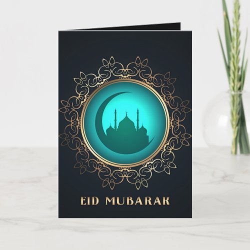 Eid Mubarak Crescent Mosque Golden Blue Black  Card