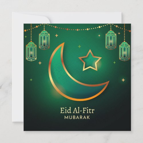 Eid Mubarak Crescent Star Islamic Lantern Green Holiday Card