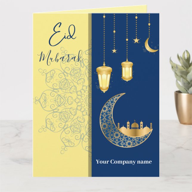 Eid Mubarak /Custom Company Name  blue Greeting   Card (Small Plant)