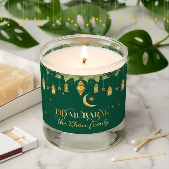 "Eid Mubarak" Custom Elegant Modern Green Gold Scented Candle (Cozy, modern elegance for your home at Eid.)