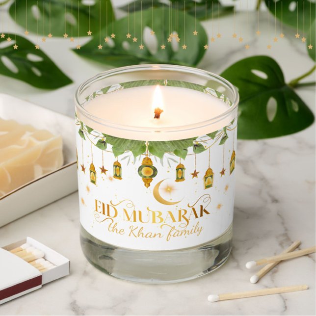"Eid Mubarak" Custom Elegant Modern White Gold Scented Candle (Add light + cozy elegance to your Eid with this festive "Eid Mubarak" family name scented candle.)