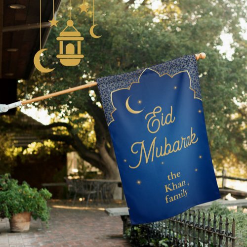 Eid Mubarak Custom Gold Blue Moon  Stars House Flag