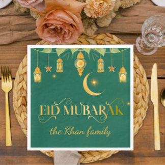 Eid Mubarak Custom Gold Green Lanterns + Moon Napkins