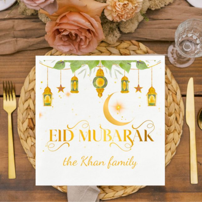 Eid Mubarak Custom Gold White Lanterns + Moon Napkins (Elegant gold + white "Eid Mubarak" custom napkins for your special Eid celebration!)