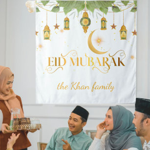 Eid Mubarak Custom Gold White Lanterns + Moon Tapestry