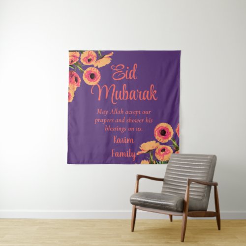 Eid Mubarak Custom Islam Home Decor Floral Purple Tapestry