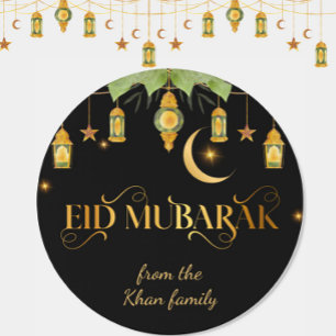 Eid Mubarak Custom Name Elegant Modern Black Gold Classic Round Sticker